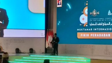 Ketua Umum PBNU, Gus Yahya kala memberi sambutan di pembukaan Muktamar Internasional Fiqih Perabadaban